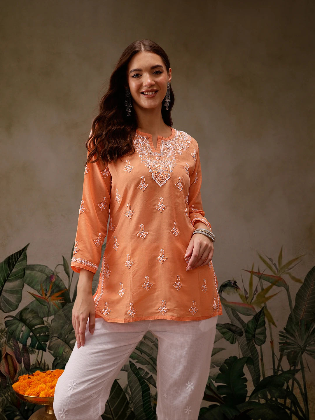 Ada Hand Embroidered Orange Muslin Lucknowi Chikankari Short Kurti A911431