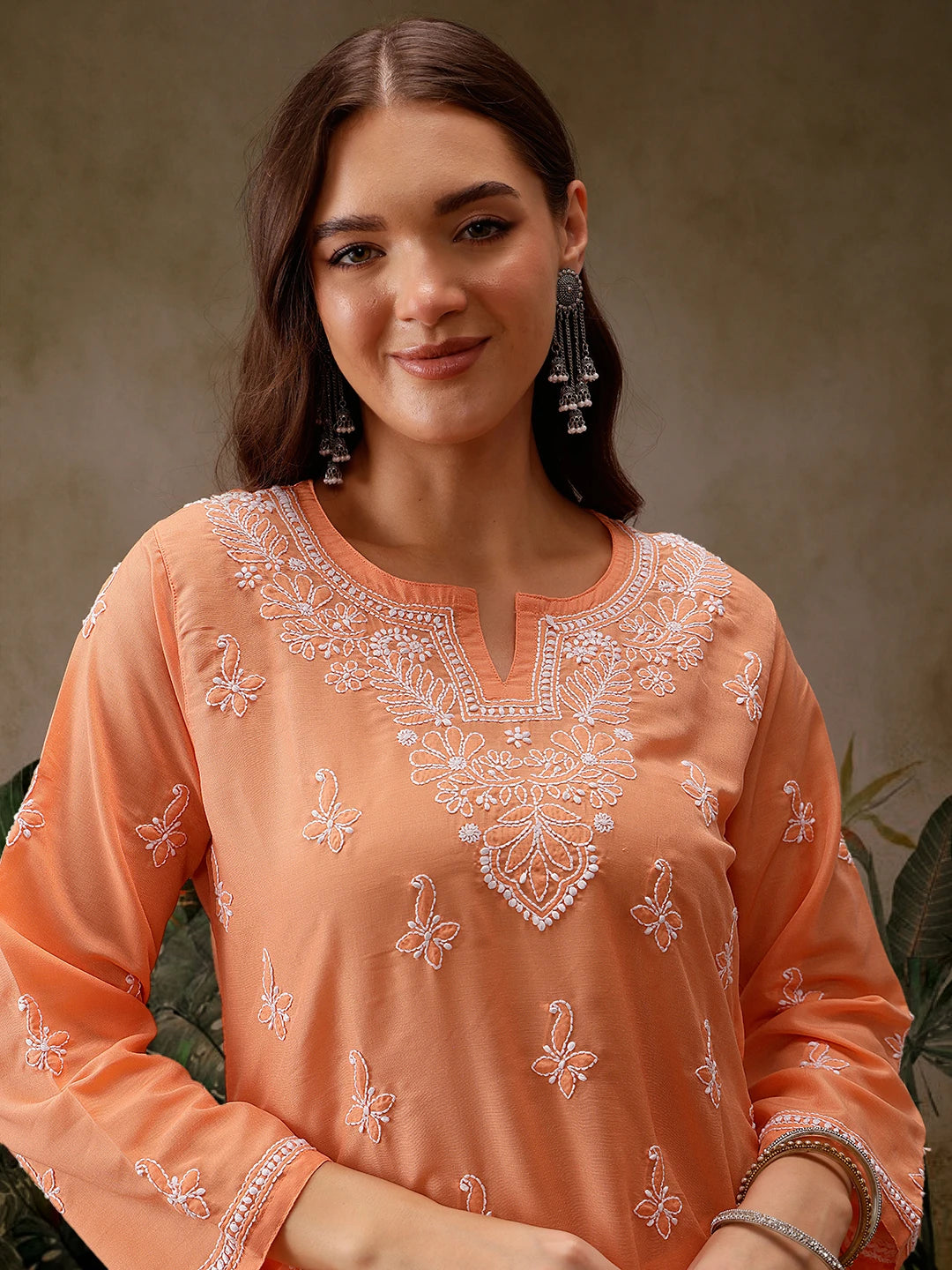 Ada Hand Embroidered Orange Muslin Lucknowi Chikankari Short Kurti A911431