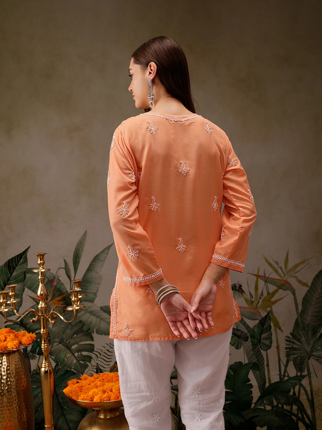 Ada Hand Embroidered Orange Muslin Lucknowi Chikankari Short Kurti A911431