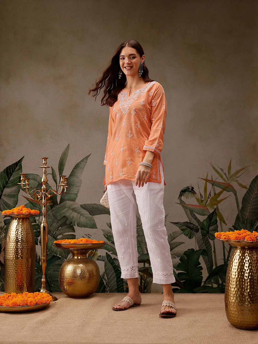 Ada Hand Embroidered Orange Muslin Lucknowi Chikankari Short Kurti A911431