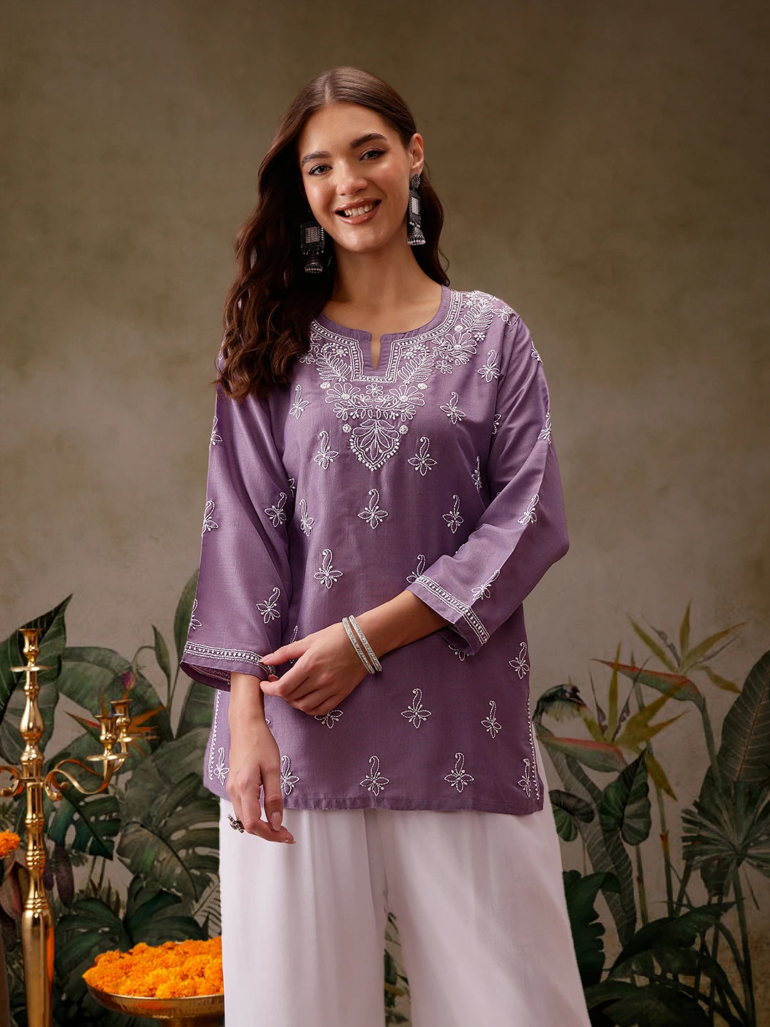 Ada Hand Embroidered Mauve Muslin Lucknowi Chikankari Short Kurti A911437