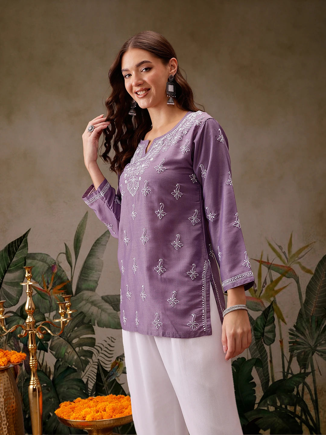 Ada Hand Embroidered Mauve Muslin Lucknowi Chikankari Short Kurti A911437