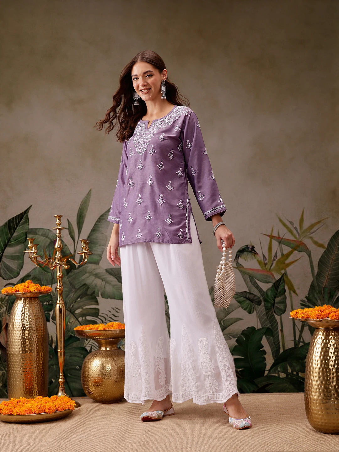 Ada Hand Embroidered Mauve Muslin Lucknowi Chikankari Short Kurti A911437
