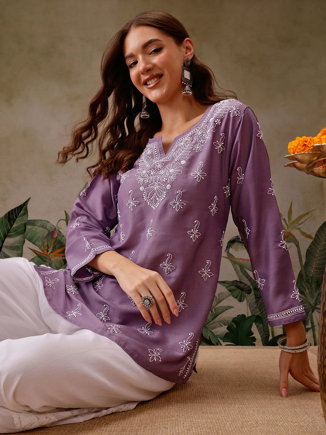 Ada Hand Embroidered Mauve Muslin Lucknowi Chikankari Short Kurti A911437