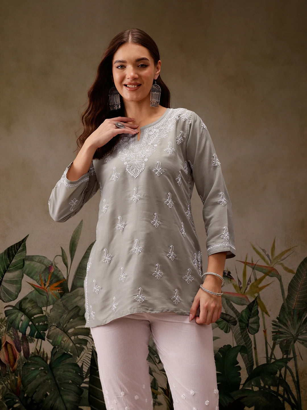 Ada Hand Embroidered Grey Muslin Lucknowi Chikankari Short Kurti A911433