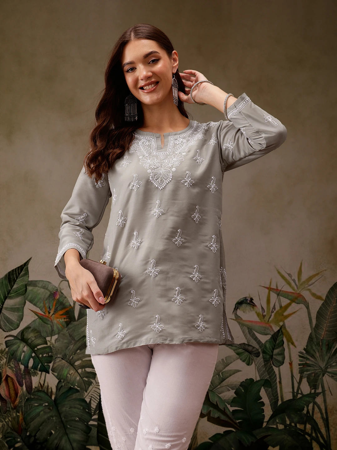 Ada Hand Embroidered Grey Muslin Lucknowi Chikankari Short Kurti A911433