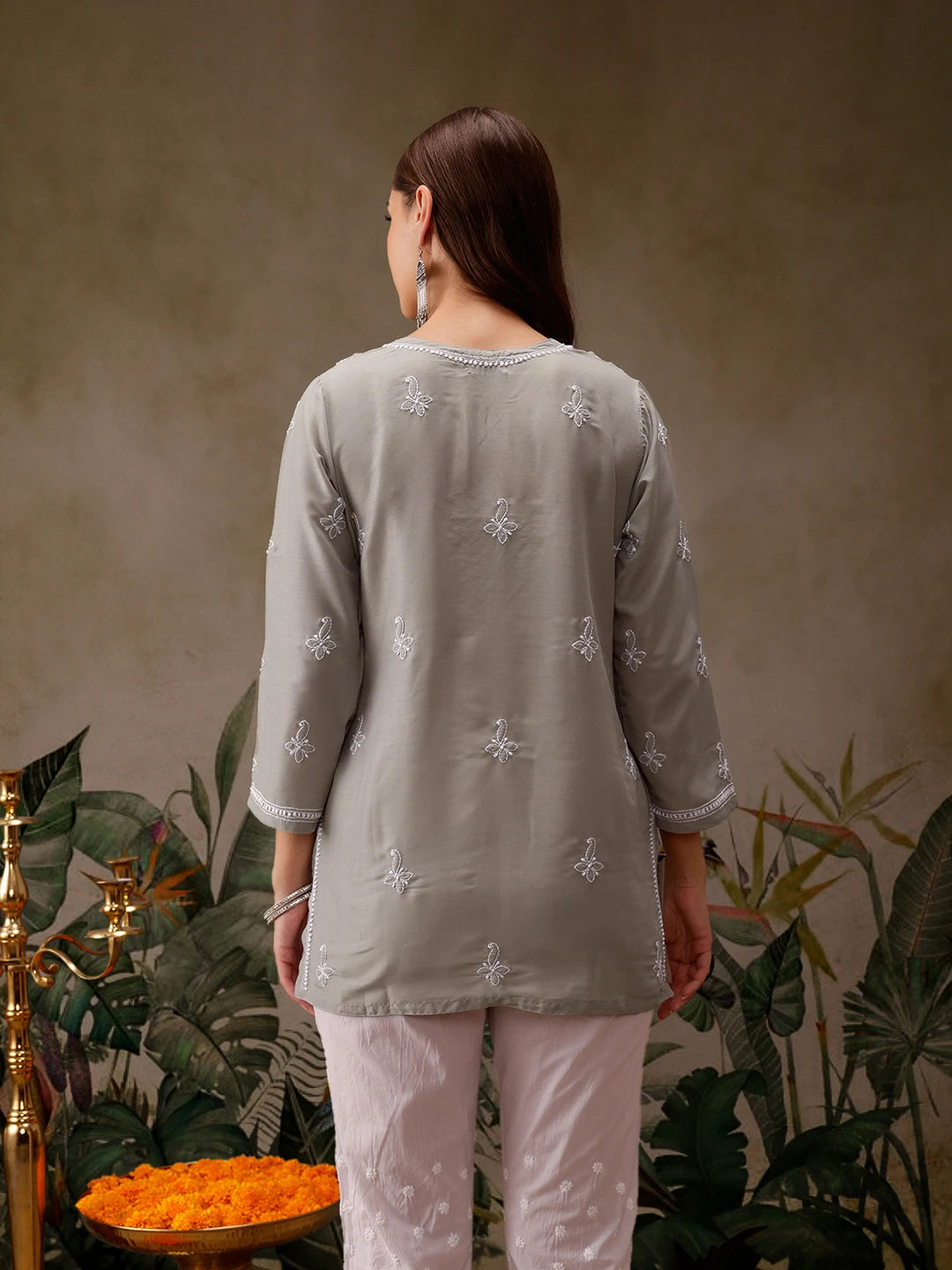 Ada Hand Embroidered Grey Muslin Lucknowi Chikankari Short Kurti A911433