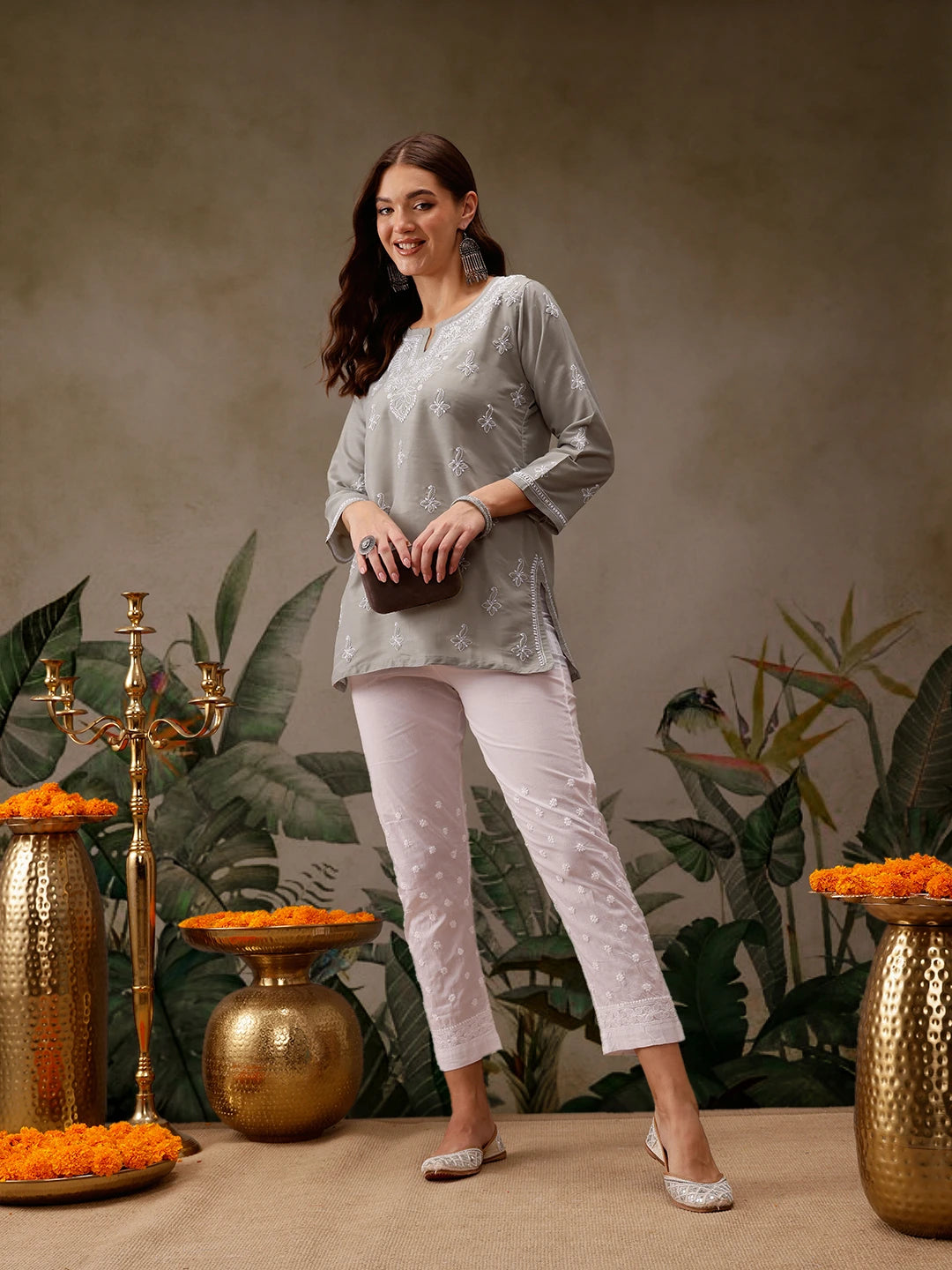 Ada Hand Embroidered Grey Muslin Lucknowi Chikankari Short Kurti A911433