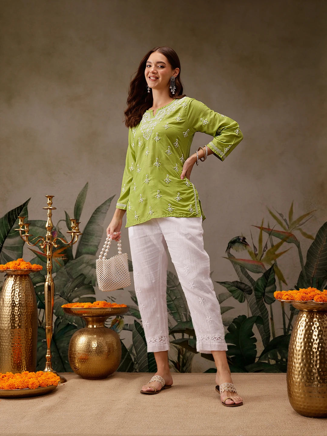 Ada Hand Embroidered Green Muslin Lucknowi Chikankari Short Kurti A911432
