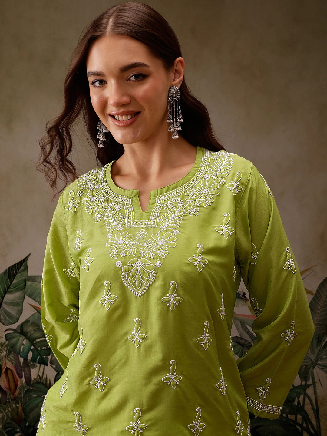 Ada Hand Embroidered Green Muslin Lucknowi Chikankari Short Kurti A911432