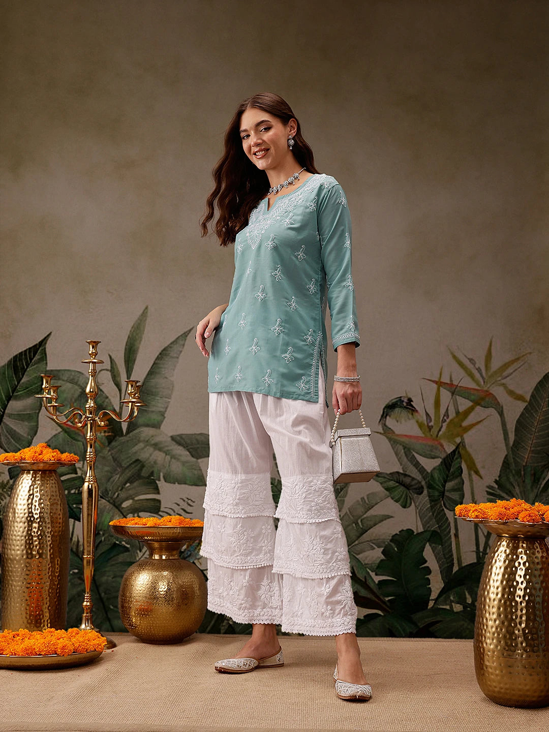 Ada Hand Embroidered Blue Muslin Lucknowi Chikankari Short Kurti A911436