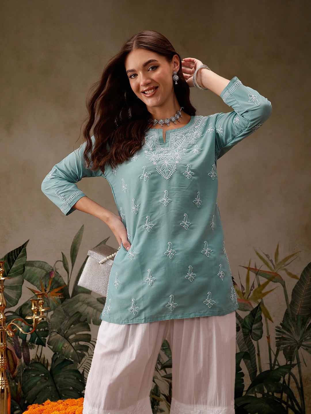 Ada Hand Embroidered Blue Muslin Lucknowi Chikankari Short Kurti A911436