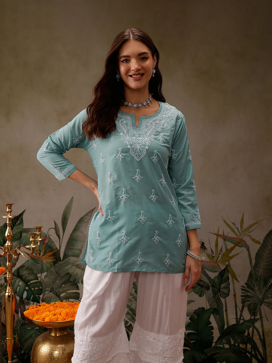 Ada Hand Embroidered Blue Muslin Lucknowi Chikankari Short Kurti A911436