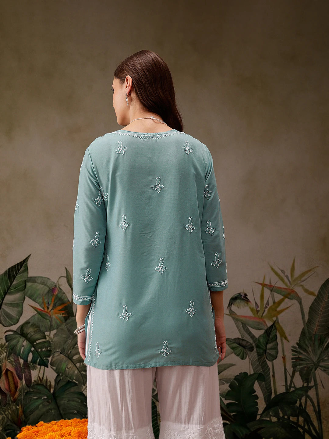 Ada Hand Embroidered Blue Muslin Lucknowi Chikankari Short Kurti A911436