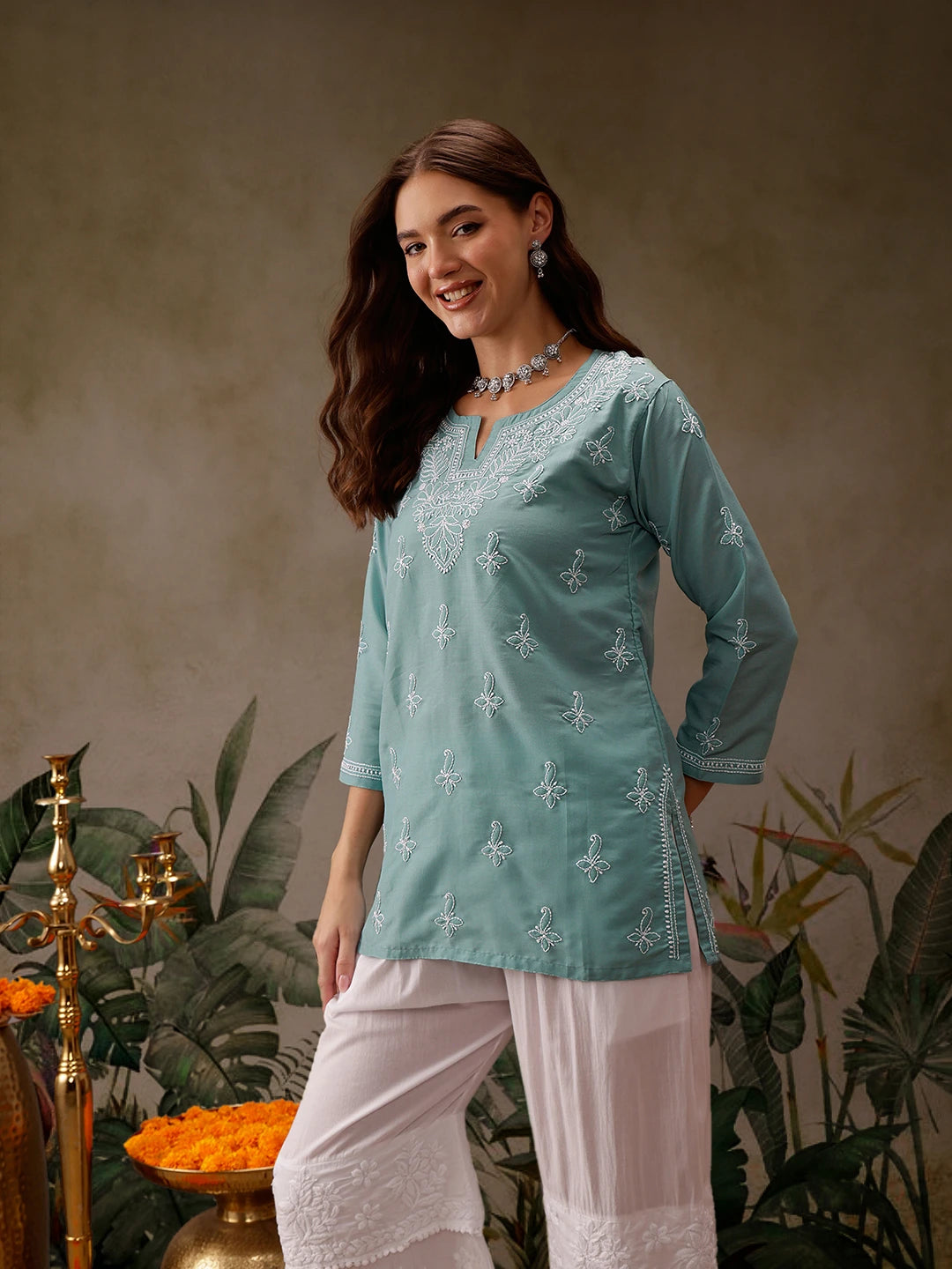 Ada Hand Embroidered Blue Muslin Lucknowi Chikankari Short Kurti A911436