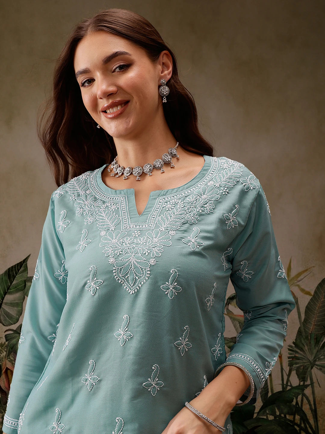 Ada Hand Embroidered Blue Muslin Lucknowi Chikankari Short Kurti A911436