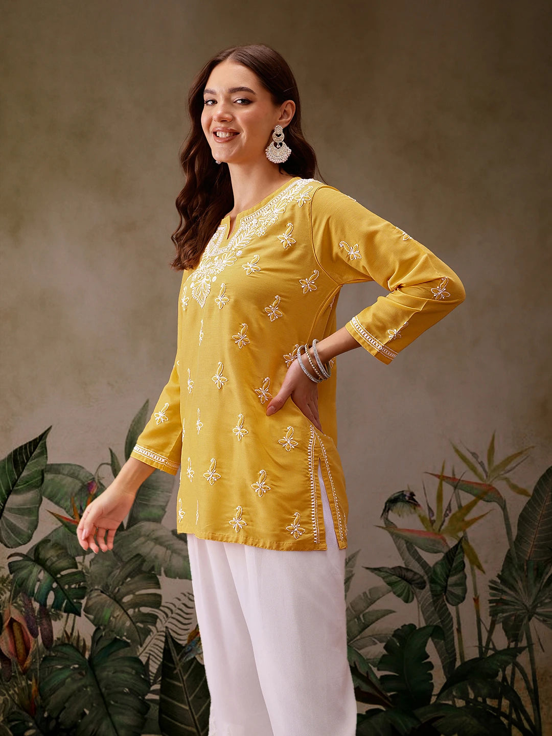 Ada Hand Embroidered Yellow Muslin Lucknowi Chikankari Short Kurti A911434