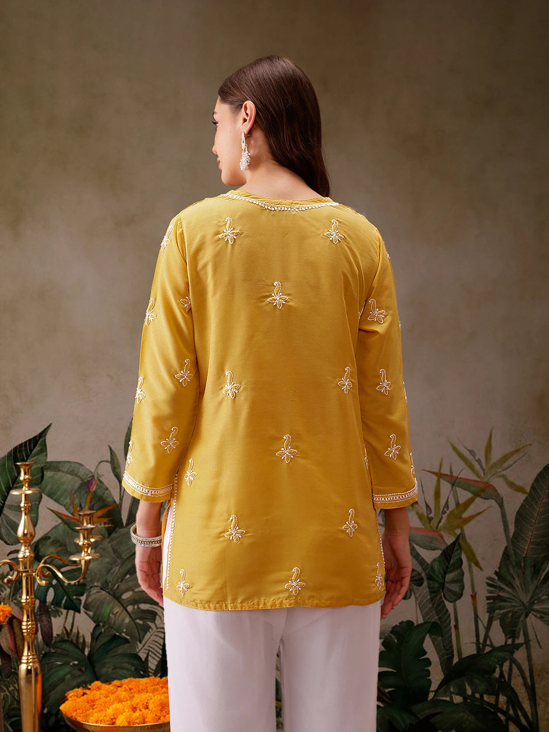 Ada Hand Embroidered Yellow Muslin Lucknowi Chikankari Short Kurti A911434