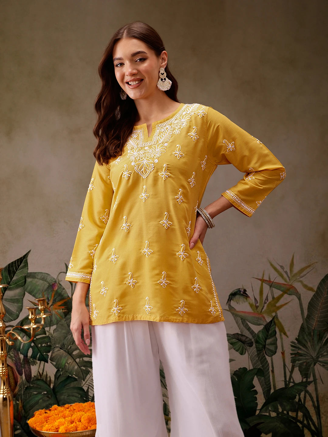 Ada Hand Embroidered Yellow Muslin Lucknowi Chikankari Short Kurti A911434
