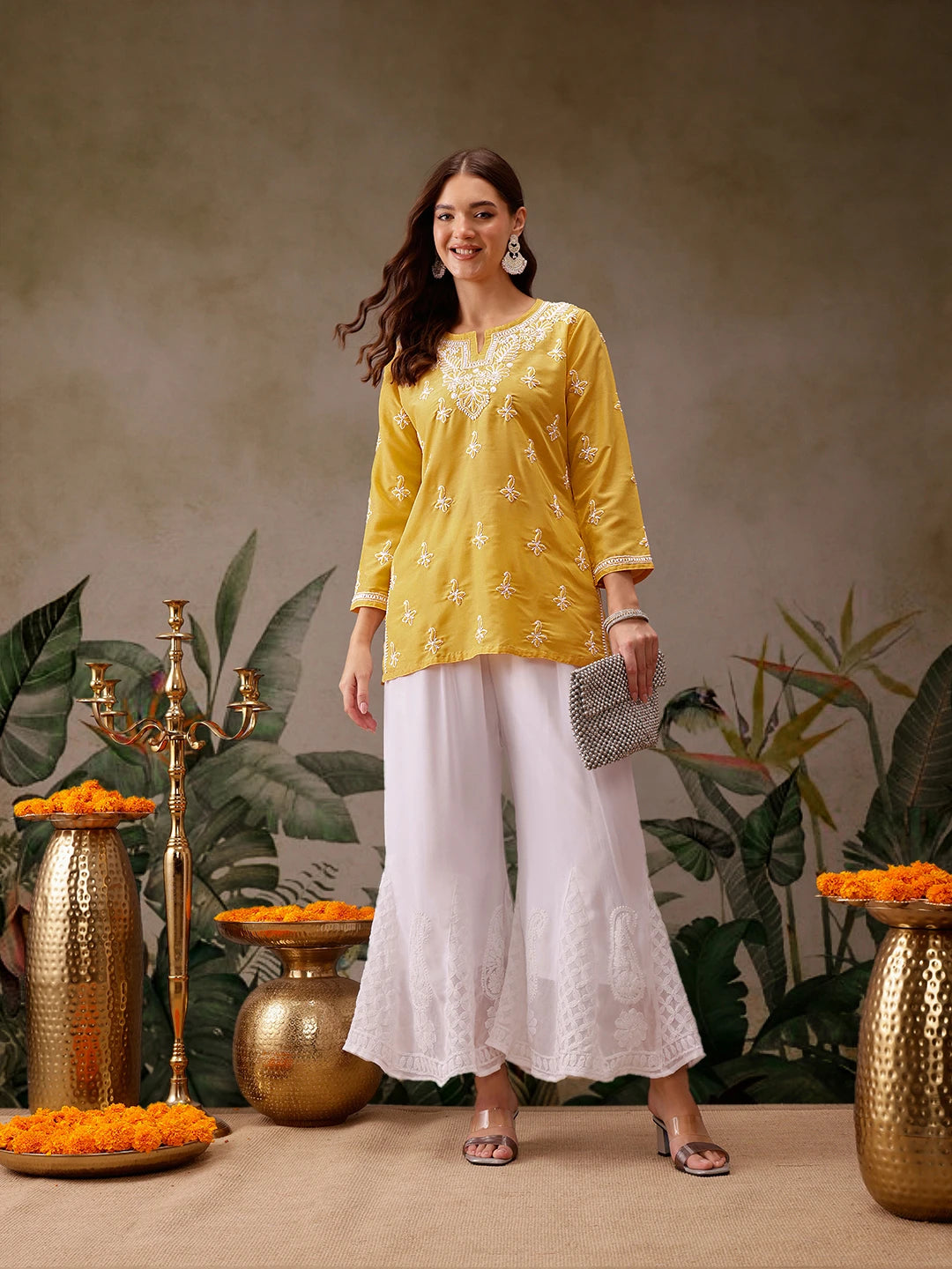 Ada Hand Embroidered Yellow Muslin Lucknowi Chikankari Short Kurti A911434