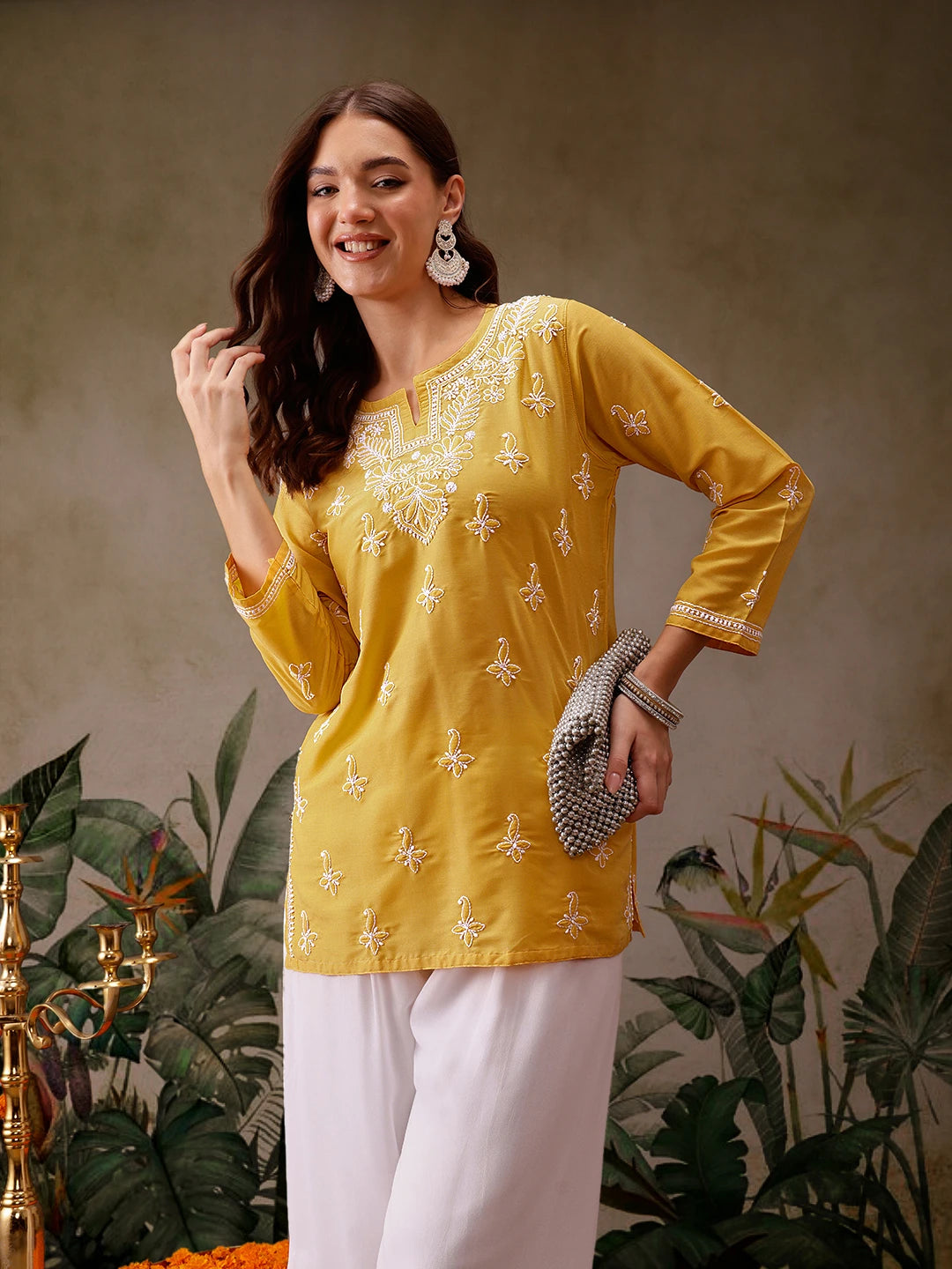 Ada Hand Embroidered Yellow Muslin Lucknowi Chikankari Short Kurti A911434