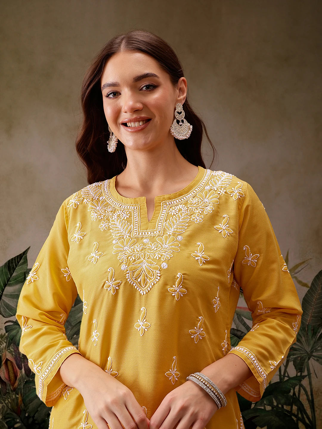 Ada Hand Embroidered Yellow Muslin Lucknowi Chikankari Short Kurti A911434