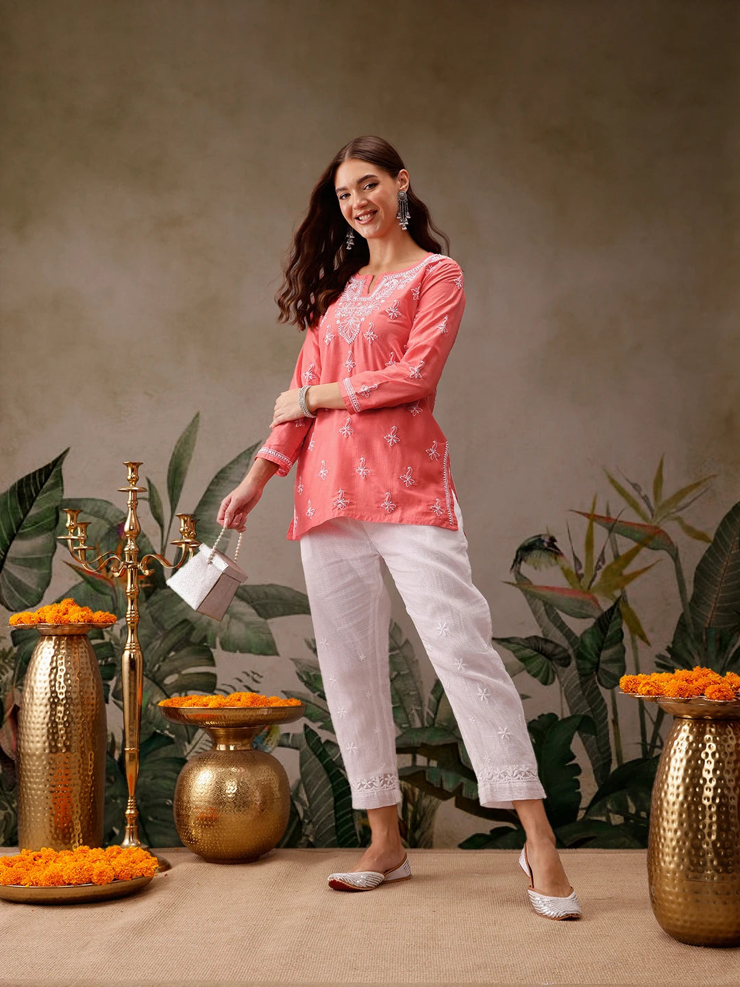 Ada Hand Embroidered Carrot Pink Muslin Lucknowi Chikankari Short Kurti A911435