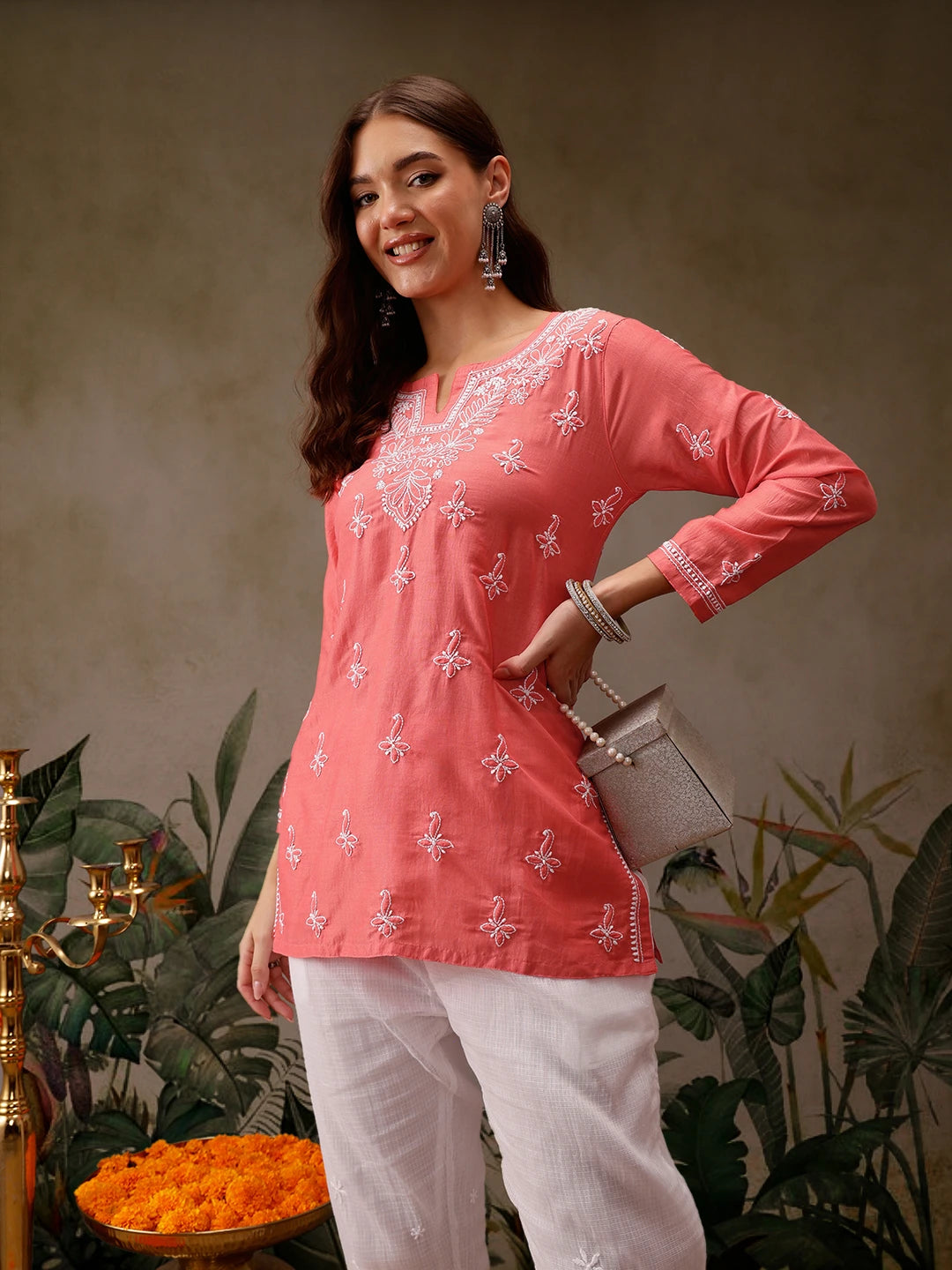 Ada Hand Embroidered Carrot Pink Muslin Lucknowi Chikankari Short Kurti A911435