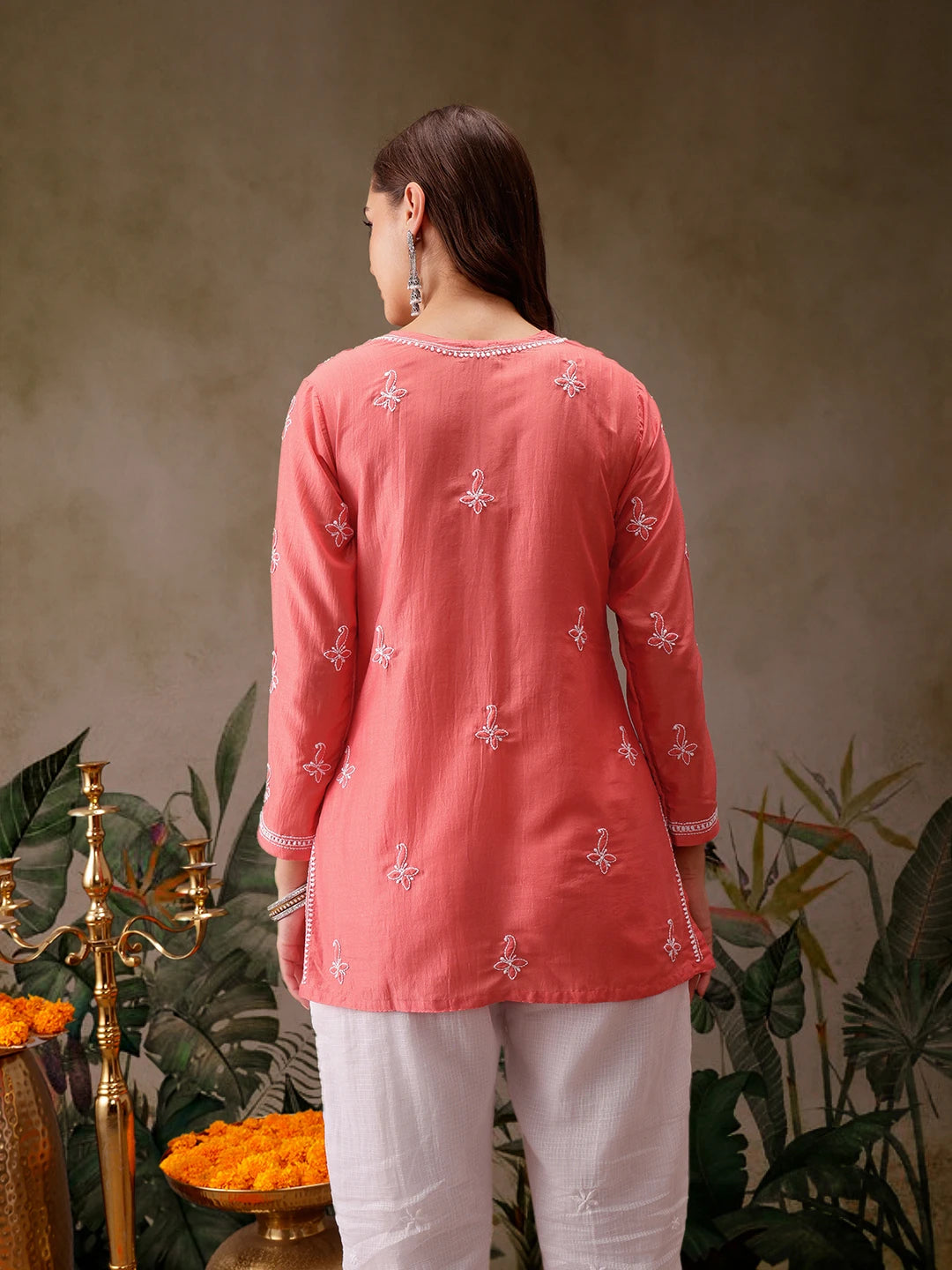 Ada Hand Embroidered Carrot Pink Muslin Lucknowi Chikankari Short Kurti A911435