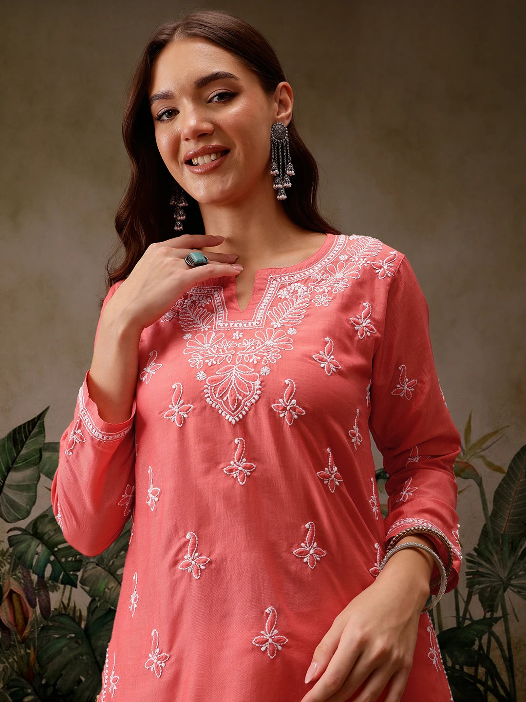 Ada Hand Embroidered Carrot Pink Muslin Lucknowi Chikankari Short Kurti A911435