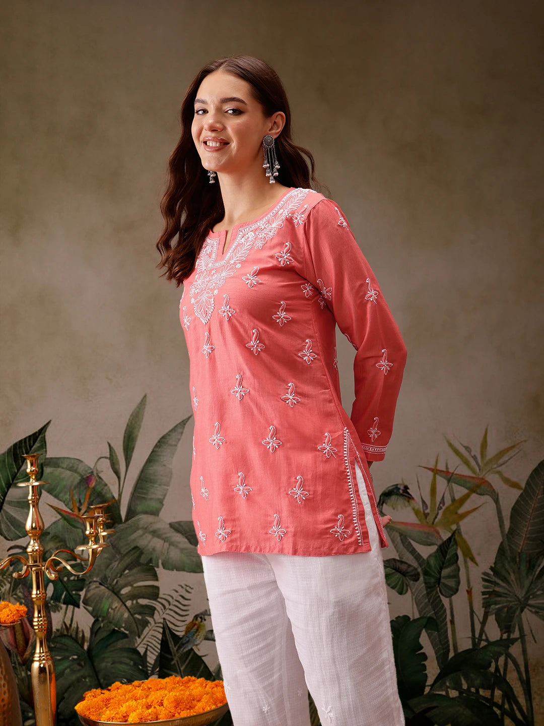 Ada Hand Embroidered Carrot Pink Muslin Lucknowi Chikankari Short Kurti A911435