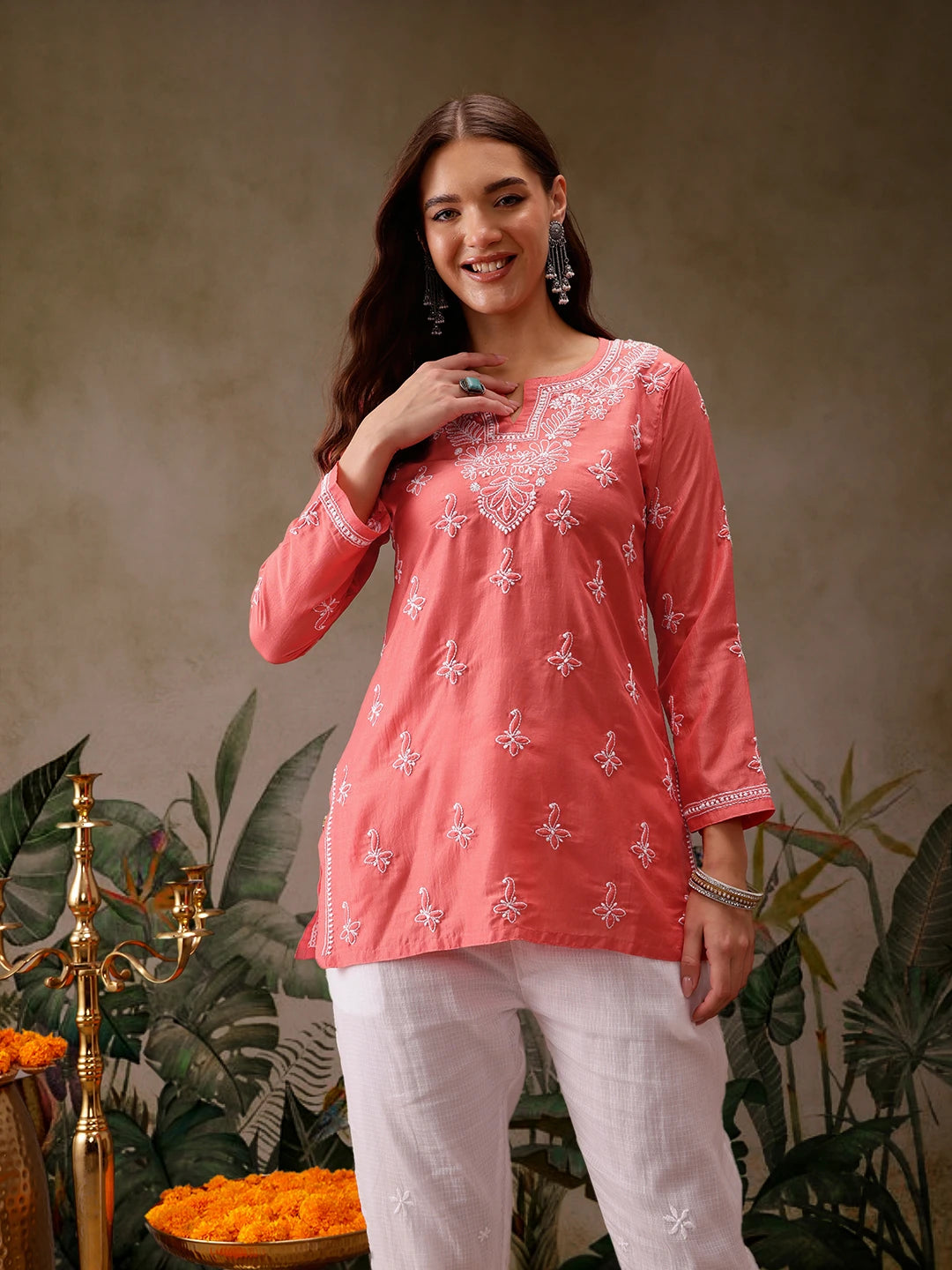 Ada Hand Embroidered Carrot Pink Muslin Lucknowi Chikankari Short Kurti A911435