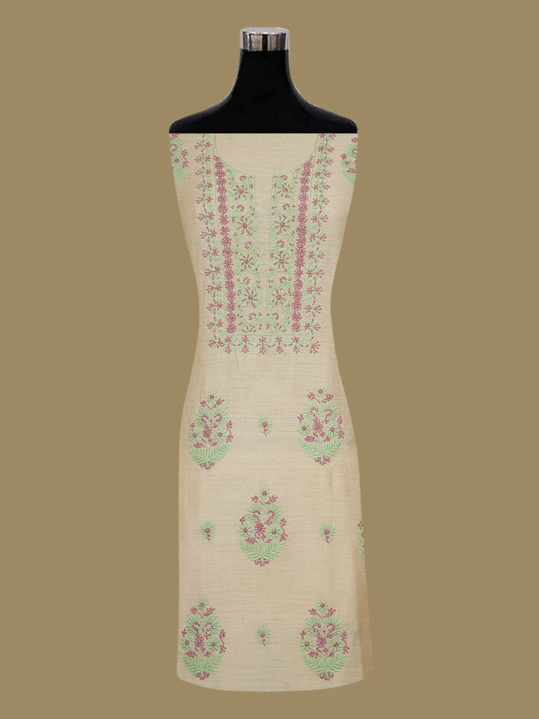 Ada Hand Embroidered Fawn Moonga Silk Lucknowi Chikankari Unstitched Kurta Dupatta Set 01A656751