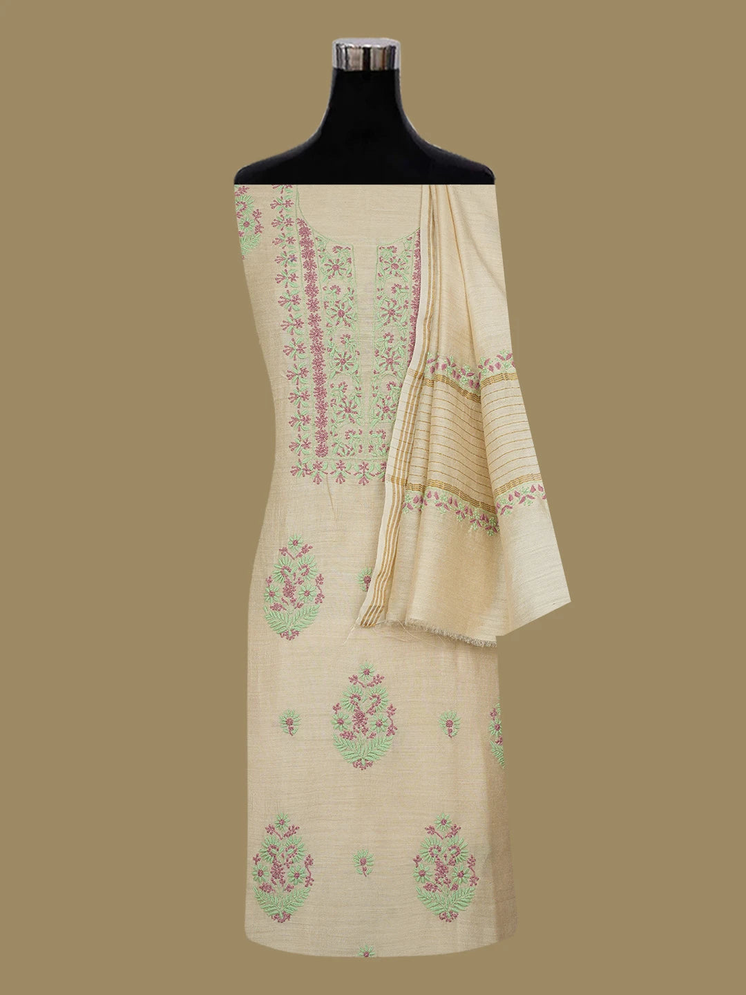 Ada Hand Embroidered Fawn Moonga Silk Lucknowi Chikankari Unstitched Kurta Dupatta Set 01A656751