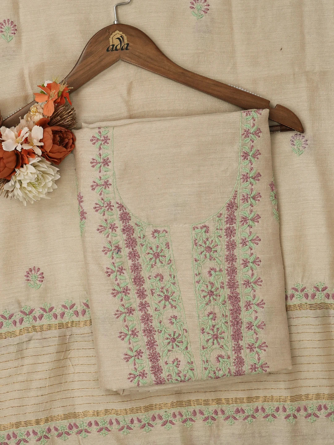 Ada Hand Embroidered Fawn Moonga Silk Lucknowi Chikankari Unstitched Kurta Dupatta Set 01A656751