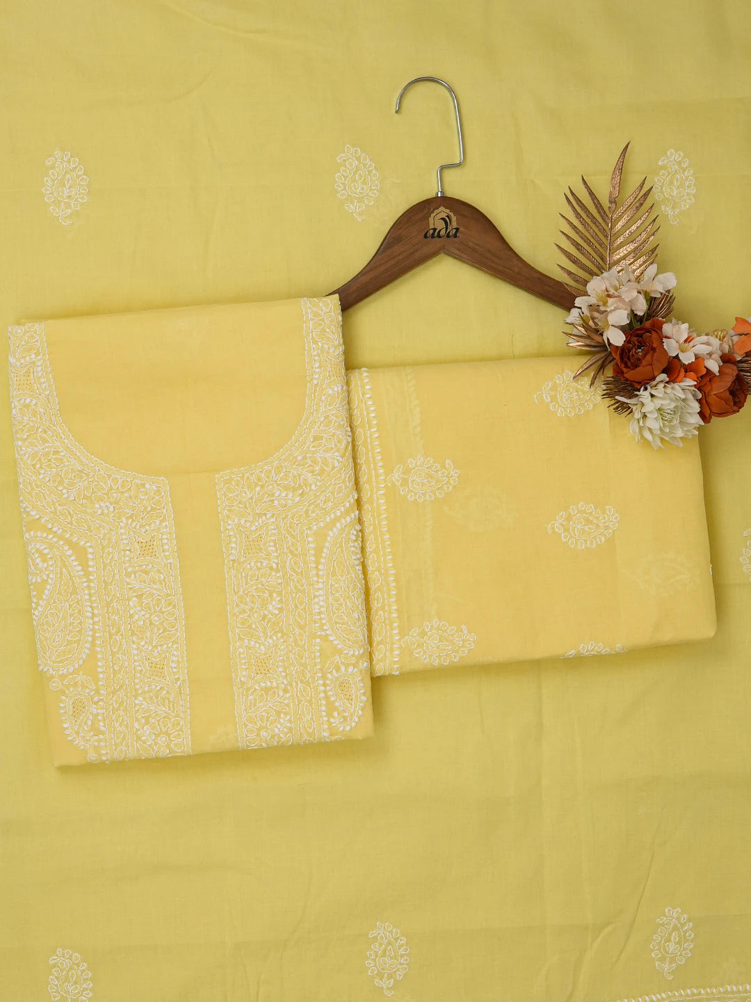 Ada Hand Embroidered Yellow Cotton Lucknowi Chikankari Unstitched Suit Piece 01A676998