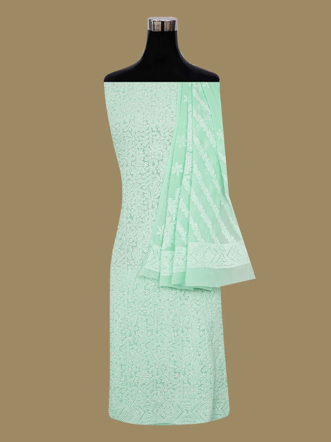 Ada Hand Embroidered Sea Green Georgette Lucknowi Chikankari Unstitched Kurta Dupatta Set 01A670804