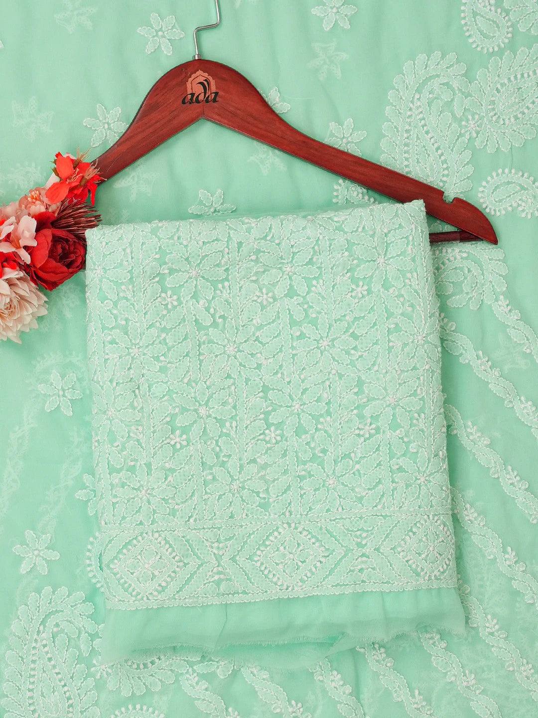 Ada Hand Embroidered Sea Green Georgette Lucknowi Chikankari Unstitched Kurta Dupatta Set 01A670804
