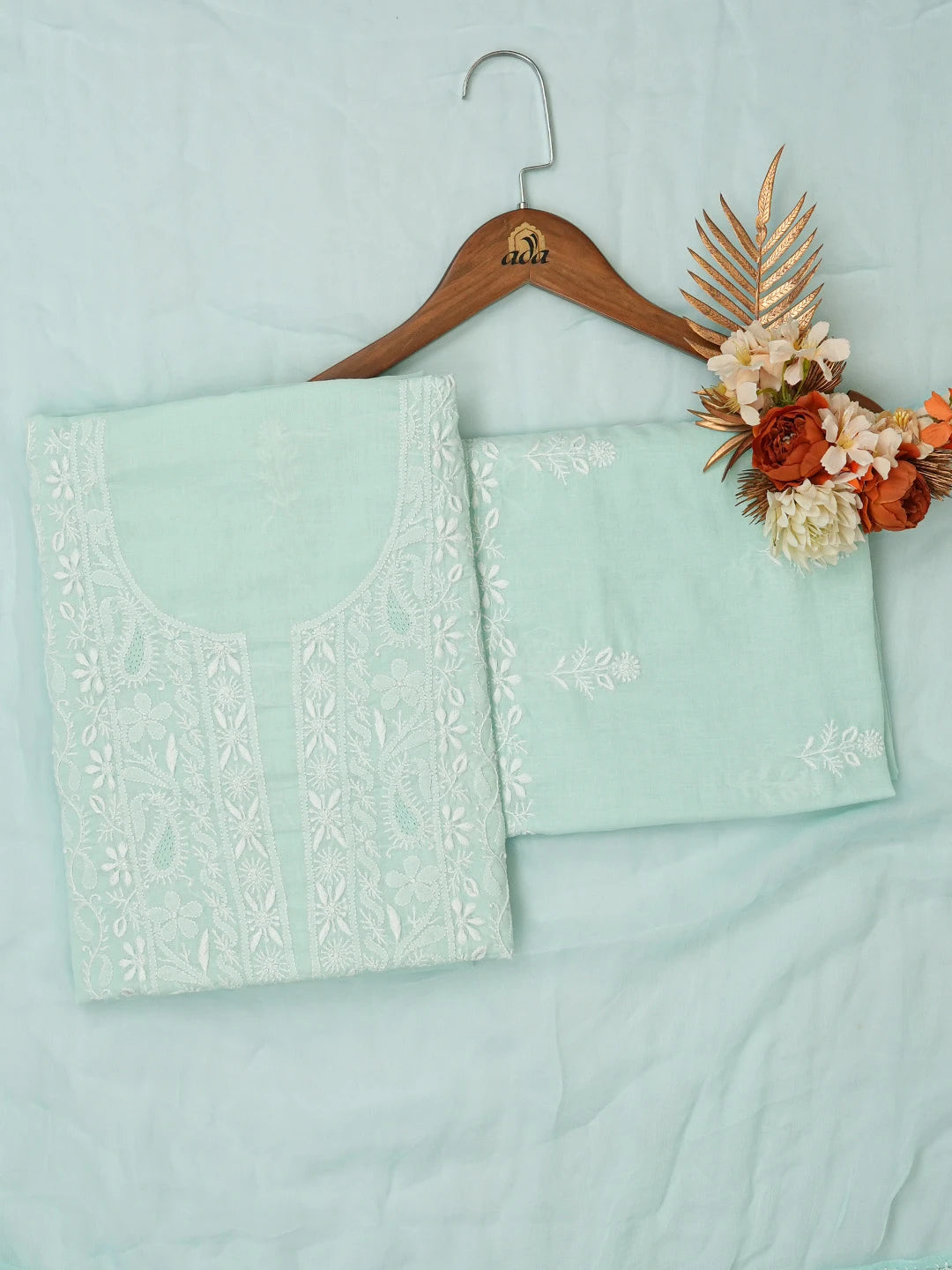 Ada Hand Embroidered Sea Green Cotton Lucknowi Chikankari Unstitched Suit Piece 01A646060