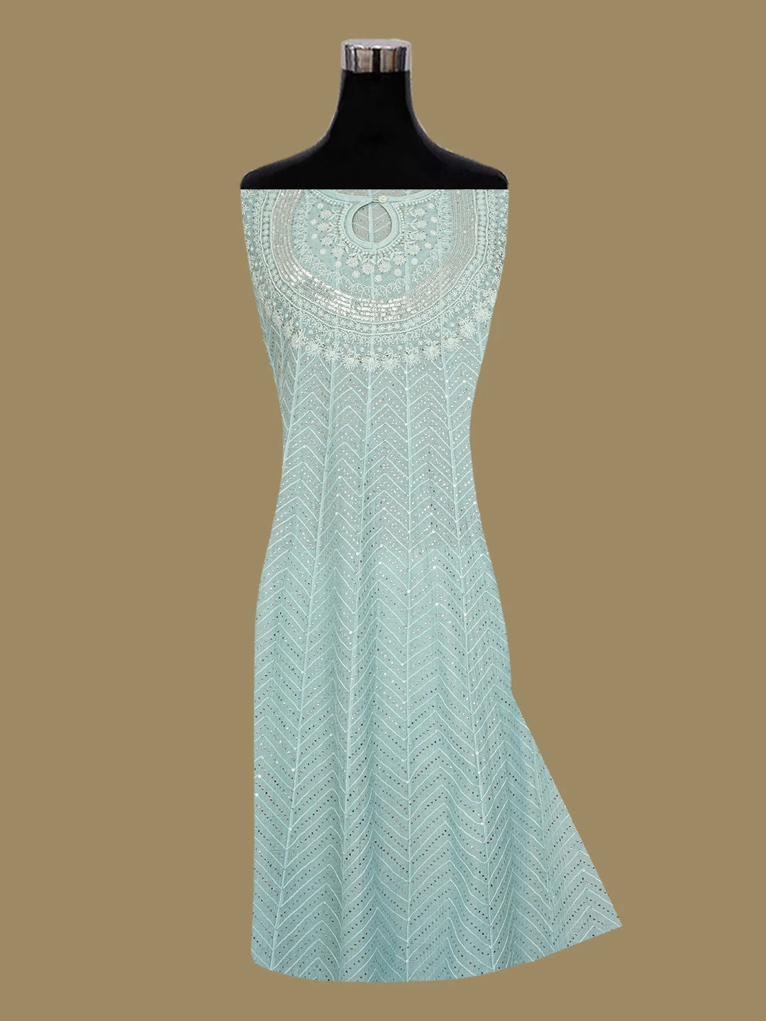 Ada Hand Embroidered Columbia Blue Chanderi Lucknowi Chikankari Semi-Stitched Anarkali Kurta Dupatta Set With Muqaish Work 01A661114