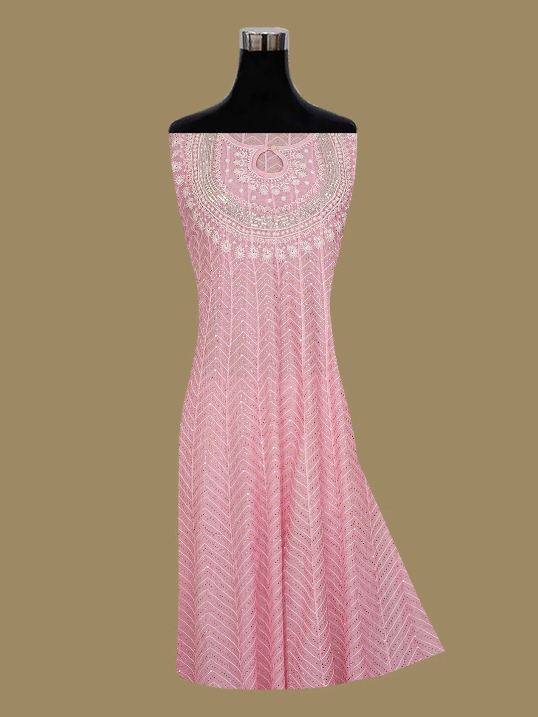 Ada Hand Embroidered Pink Chanderi Lucknowi Chikankari Semi-Stitched Anarkali Kurta Dupatta Set With Muqaish Work 01A661115