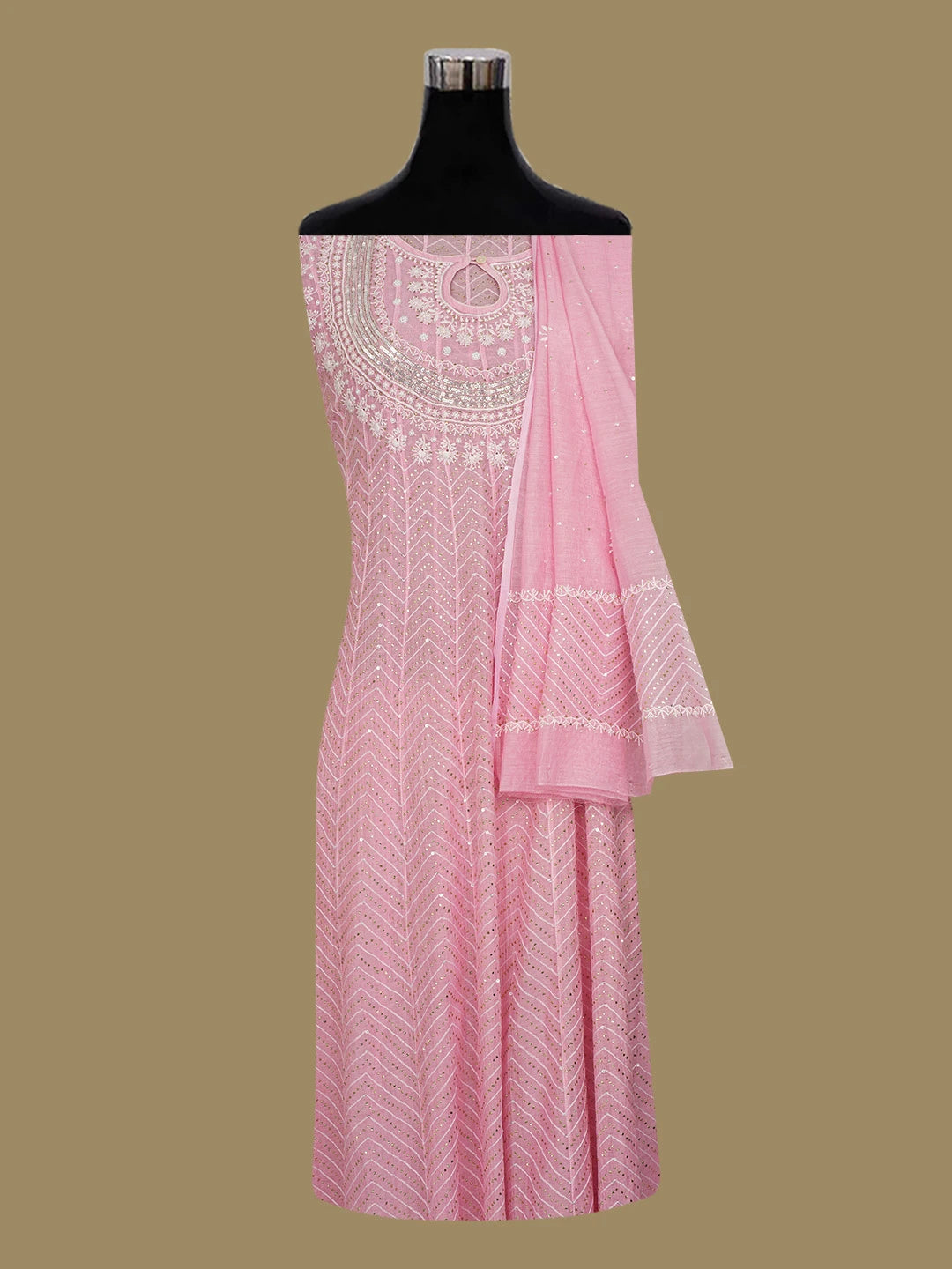 Ada Hand Embroidered Pink Chanderi Lucknowi Chikankari Semi-Stitched Anarkali Kurta Dupatta Set With Muqaish Work 01A661115