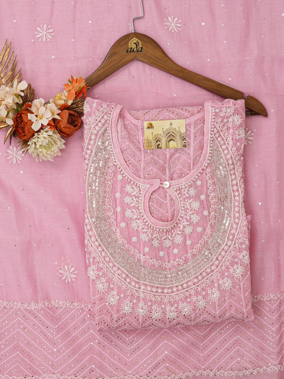 Ada Hand Embroidered Pink Chanderi Lucknowi Chikankari Semi-Stitched Anarkali Kurta Dupatta Set With Muqaish Work 01A661115