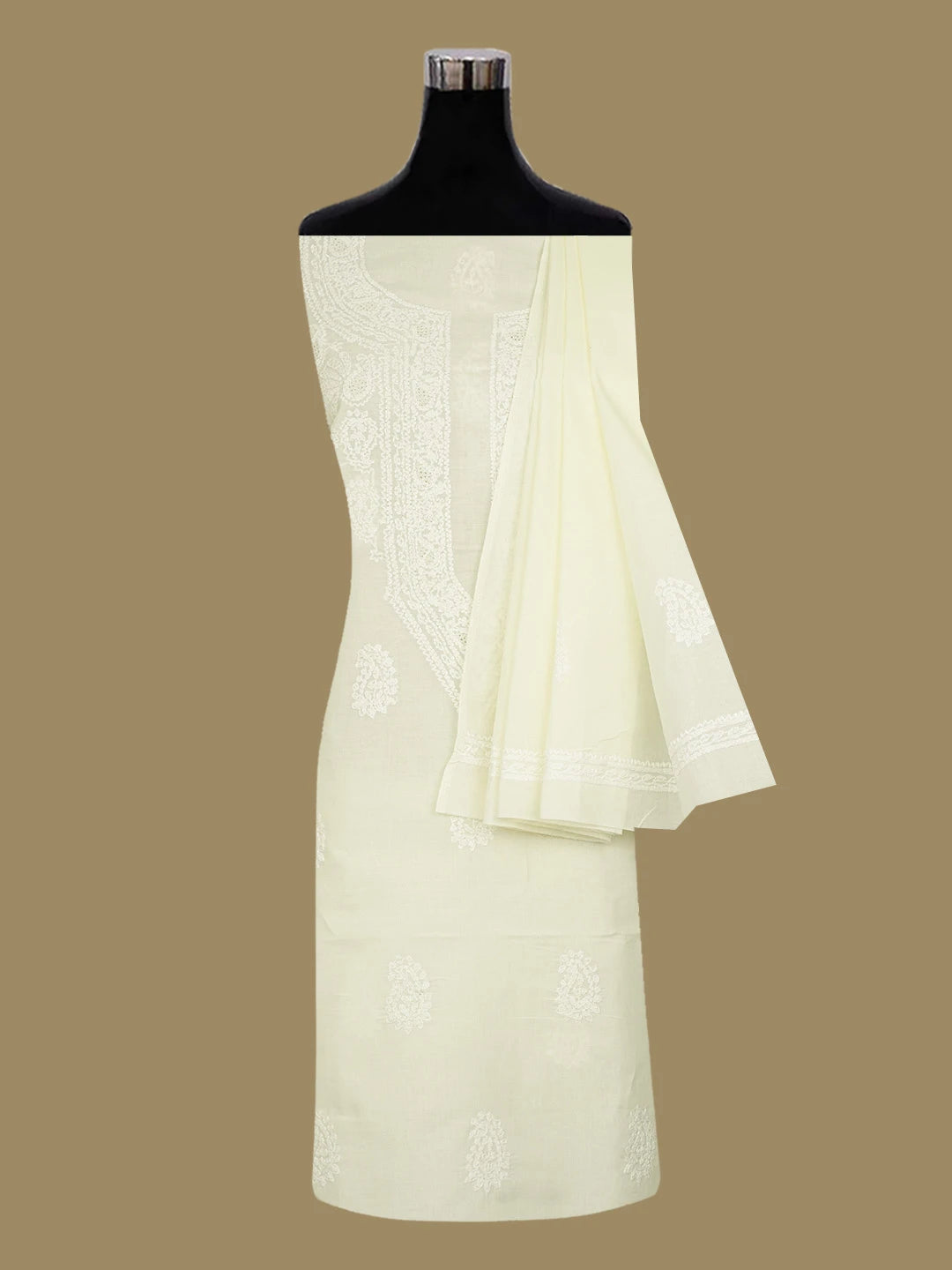 Ada Hand Embroidered Bright Cream Cotton Lucknowi Chikankari Unstitched Suit Piece 01A677004