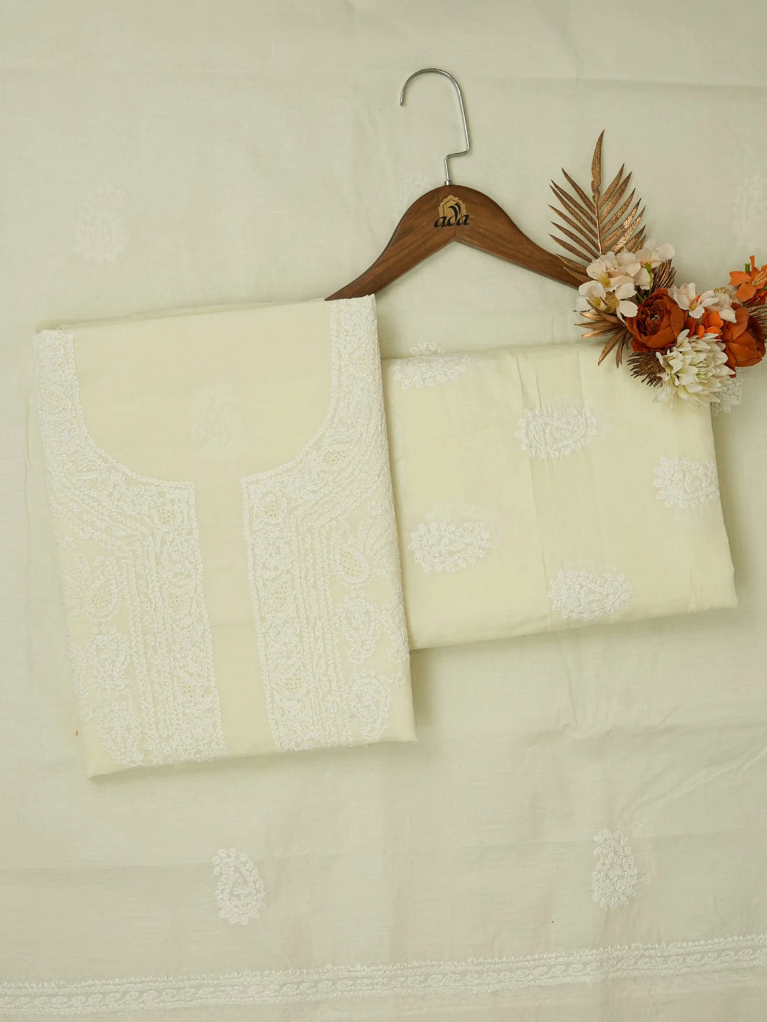 Ada Hand Embroidered Bright Cream Cotton Lucknowi Chikankari Unstitched Suit Piece 01A677004