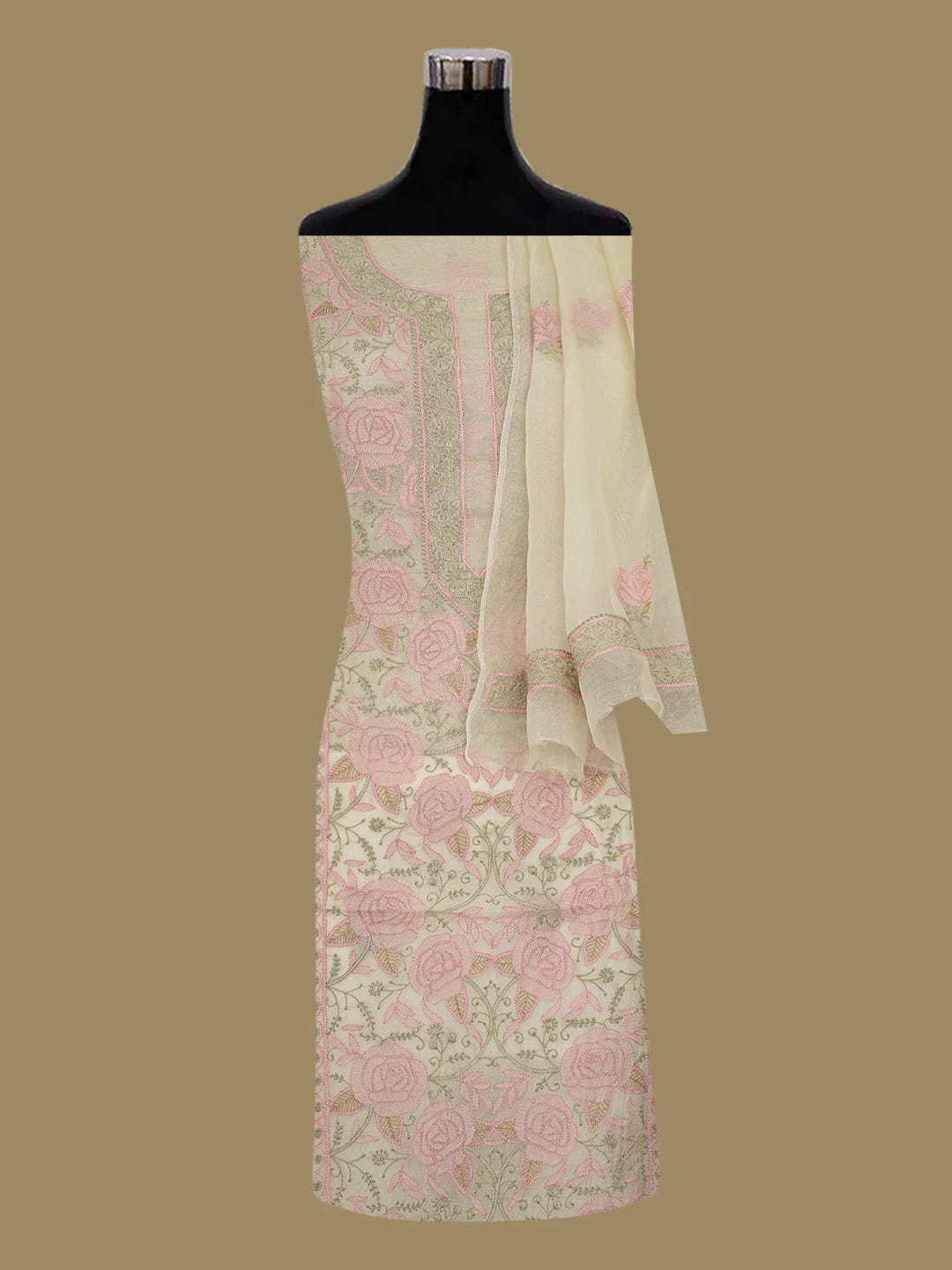 Ada Hand Embroidered Light Fawn Organza Lucknowi Chikankari Unstitched Kurta Dupatta Set 01A566334