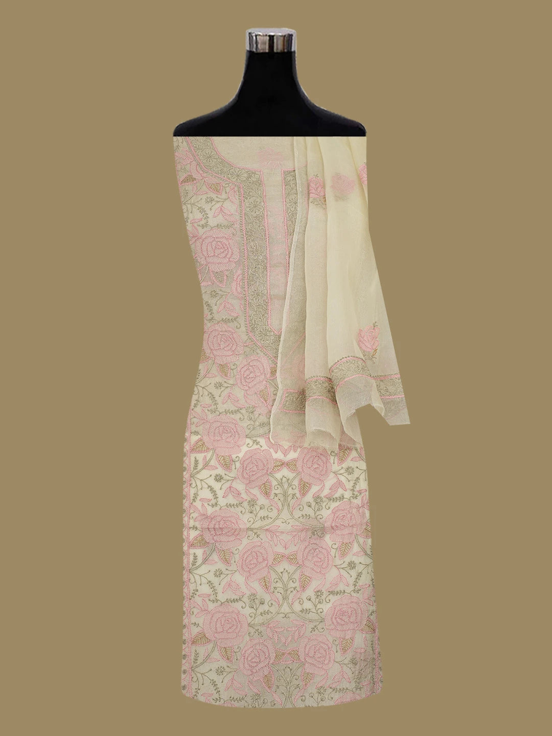 Ada Hand Embroidered Light Fawn Organza Lucknowi Chikankari Unstitched Kurta Dupatta Set 01A566334