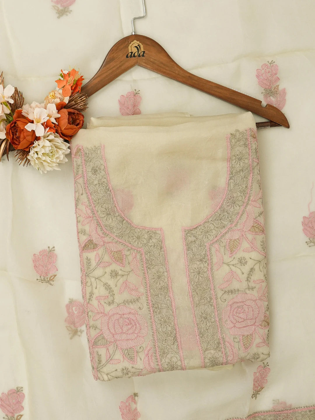 Ada Hand Embroidered Light Fawn Organza Lucknowi Chikankari Unstitched Kurta Dupatta Set 01A566334