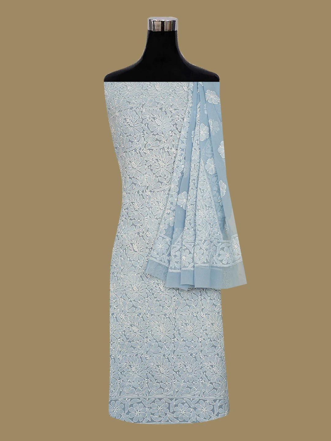 Ada Hand Embroidered Blue Georgette Lucknowi Chikankari Unstitched Kurta Dupatta Set 01A670795