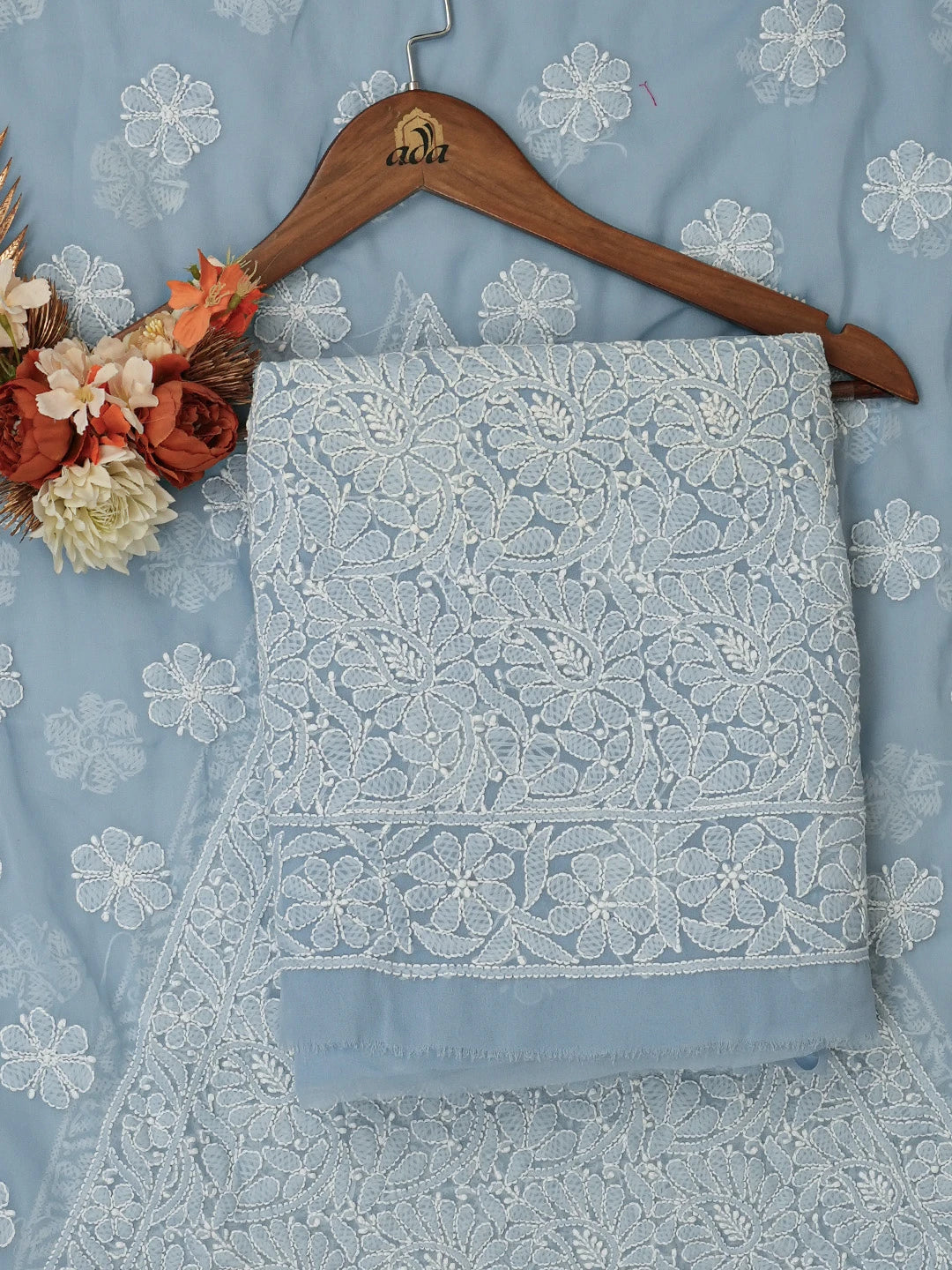 Ada Hand Embroidered Blue Georgette Lucknowi Chikankari Unstitched Kurta Dupatta Set 01A670795